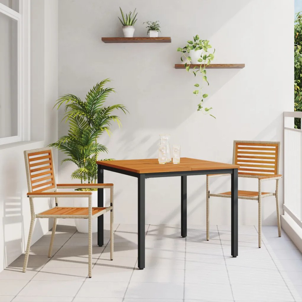 3 részes kerti étkezőszett Bézs poly rattan akáciából, Összecsukható kerti székek párnákkal - 2 darab Bézs poly rattanban, Kerti asztal 90x90x75 cm Szilárd akácia fa és fém