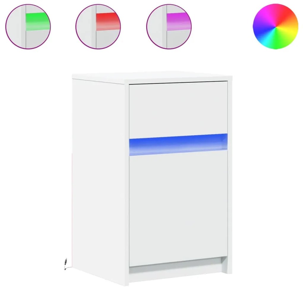 2 db fehér szerelt fa éjjeliszekrény LED-fényekkel