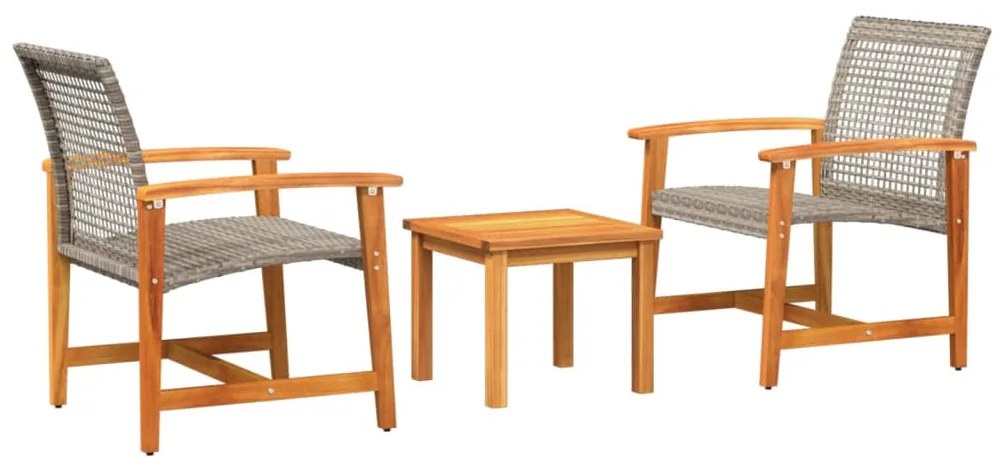 3 részes szürke polyrattan és akácfa bisztrószett