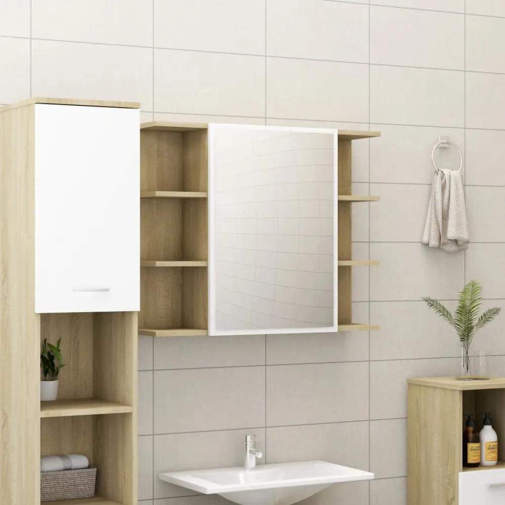 Fehér-sonoma forgácslap fürdőszobai tükör 80 x 20,5 x 64 cm