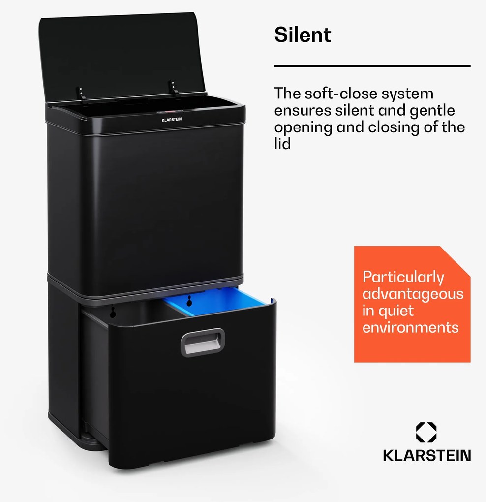 Klarstein Touchless, szenzoros szemétkosár, 56 l, rozsdamentes acélból, 3 kosár, Soft-Close záródás, elemmel működő, LED kijelző, időzítő
