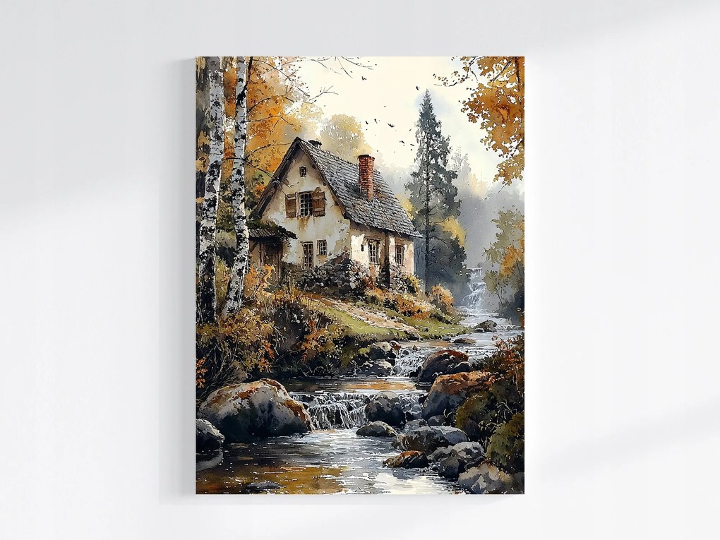 Vászonkép Canvas Tájkép Ősz Erdő Ház Kunyhó Folyó Vízesés 75x100