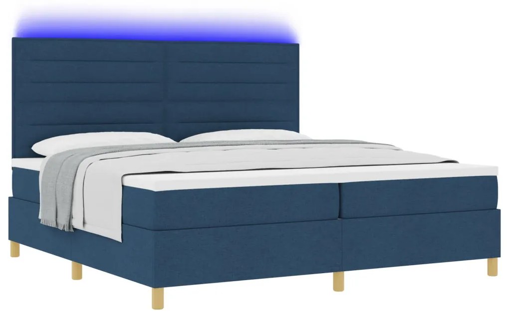 vidaXL Boxspring ágy matraccal és LED világítással, kék szövet, 200x200 cm