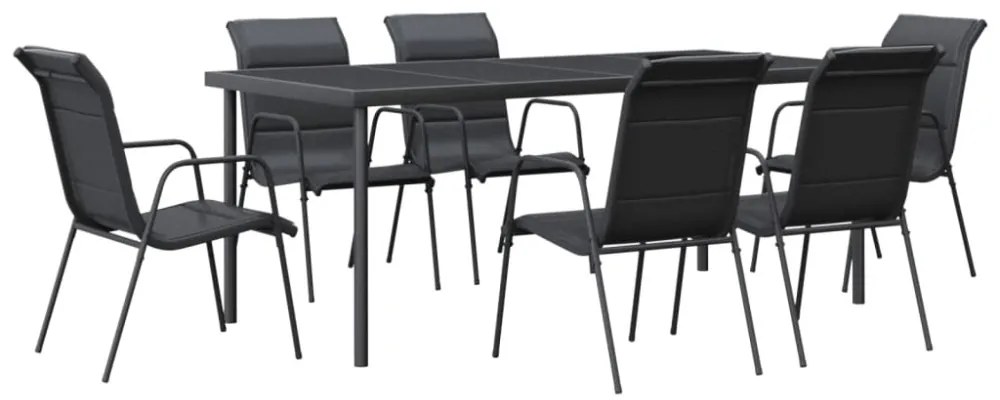 7 részes fekete acél és textilén kerti étkezőgarnitúra