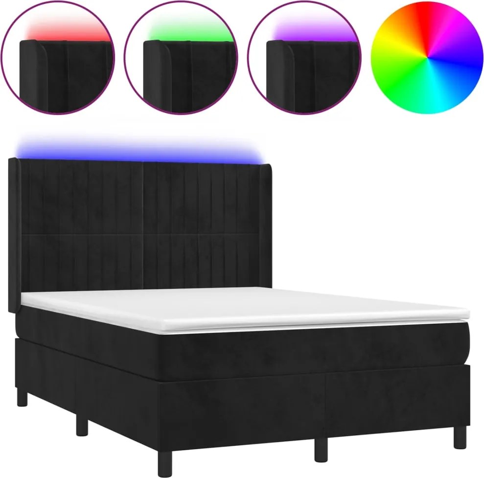 vidaXL fekete bársony rugós és LED-es ágy matraccal 140x200 cm