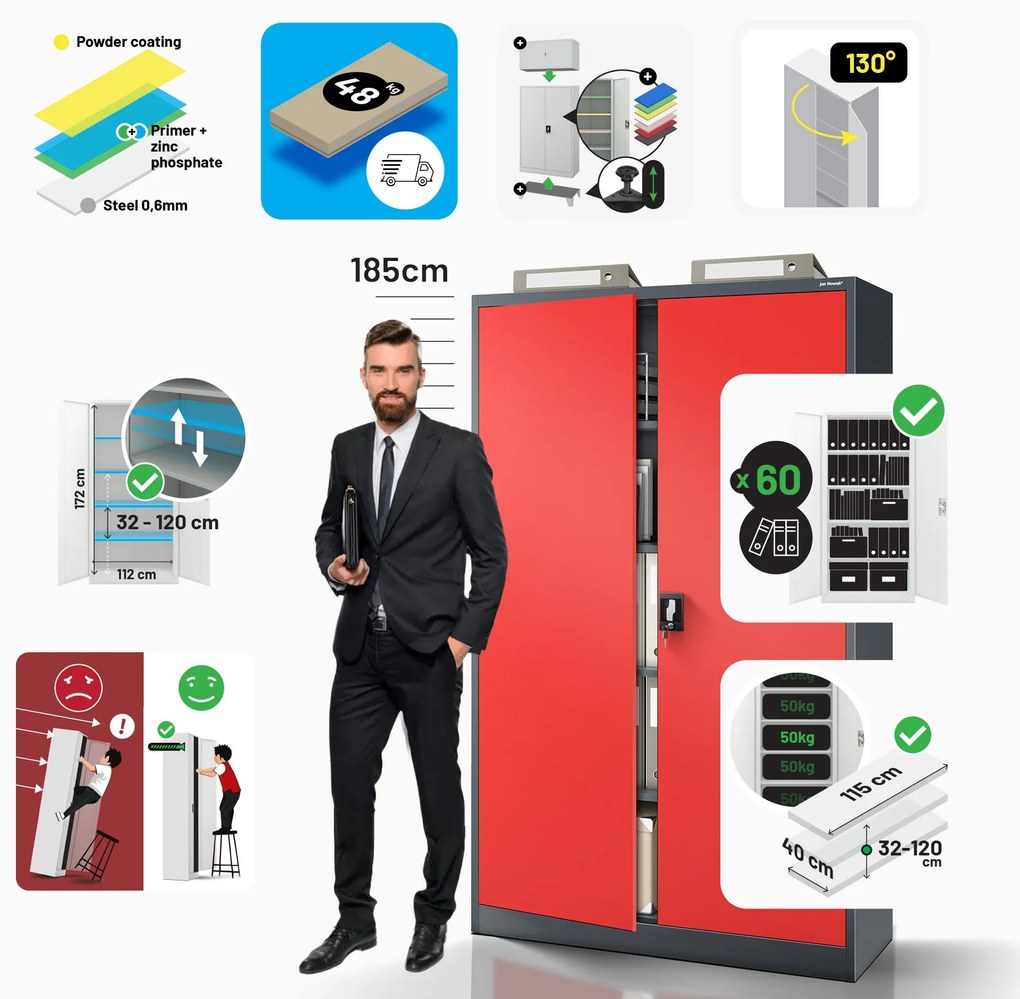 Fém iratszekrény JAN II, 1150 x 185 x 400 mm, antracit-piros