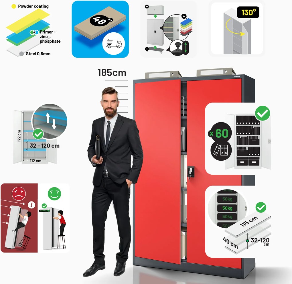 Fém iratszekrény JAN II, 1150 x 1850 x 400 mm, antracit-piros