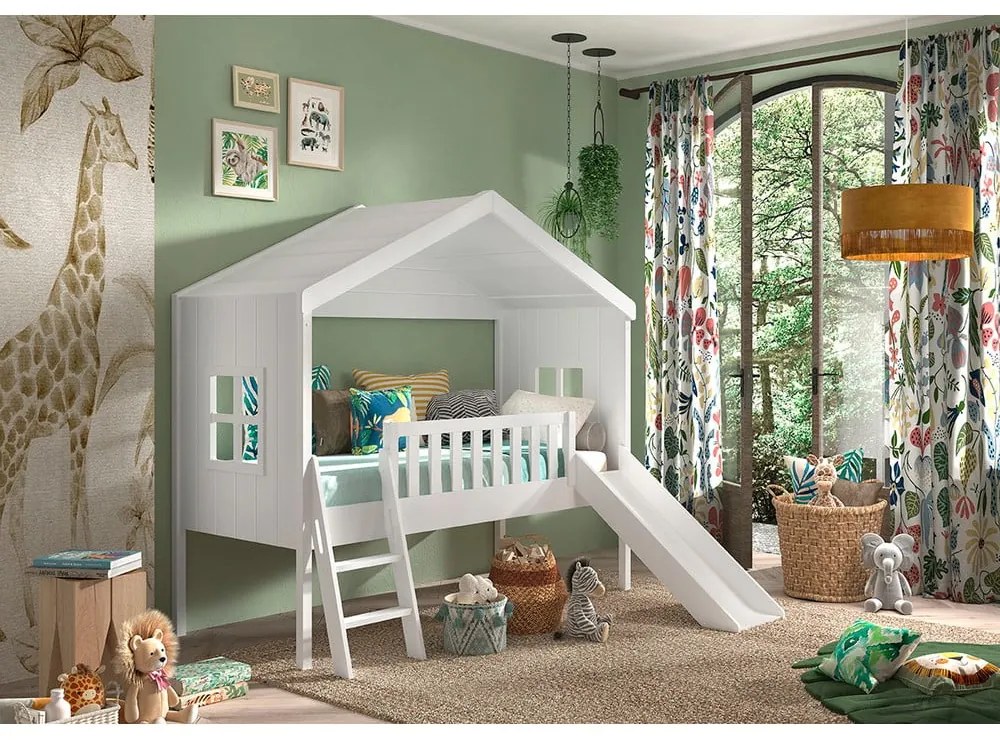 Fehér házikó alakú-magasított borovi fenyő gyerekágy 90x200 cm Housebed – Vipack