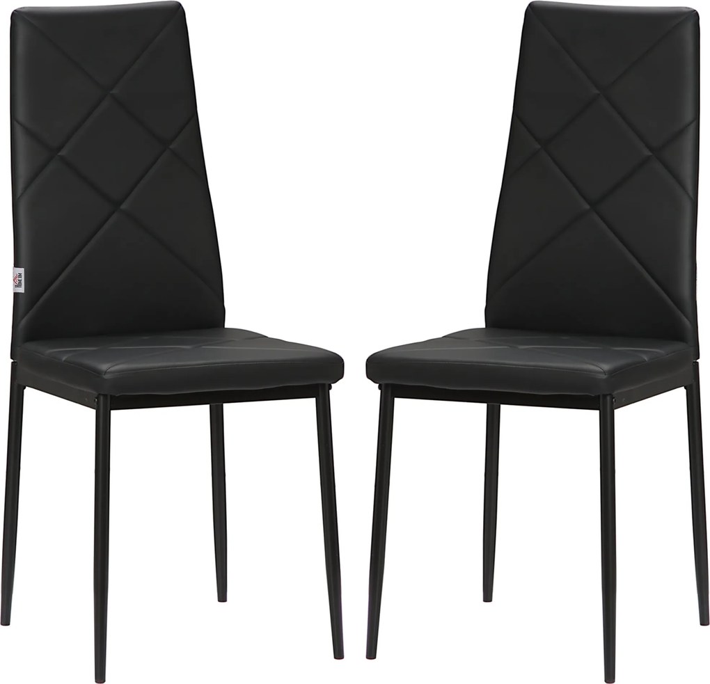 HOMCOM 2 db Kárpitozott Étkezőszék Magas Háttámlával, Konyhai Székek Műbőr Gyémánt Öltésekkel, Csúszásmentes Talppal és Acél Lábbal, 41x50x97 cm, Feke