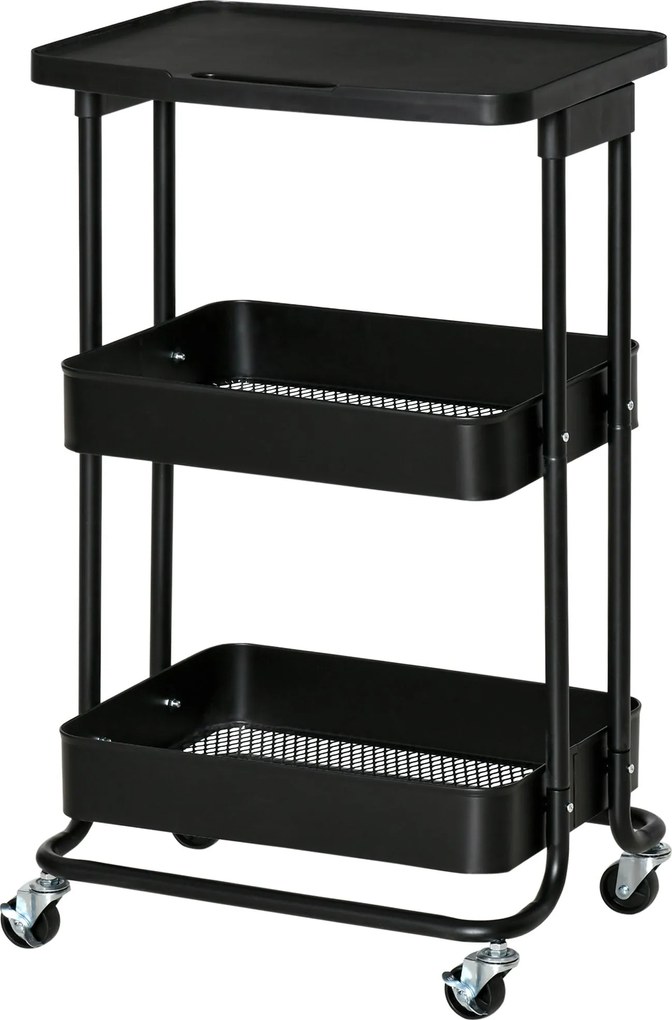 HOMCOM 3-Tier Konyhai Kocsi Kerekekkel Tároló Trolley Fékezhető Fürdőszobába, Nappaliba, Hálószobába, Irodába 46x34.5x76.5 cm Fekete | Aosom