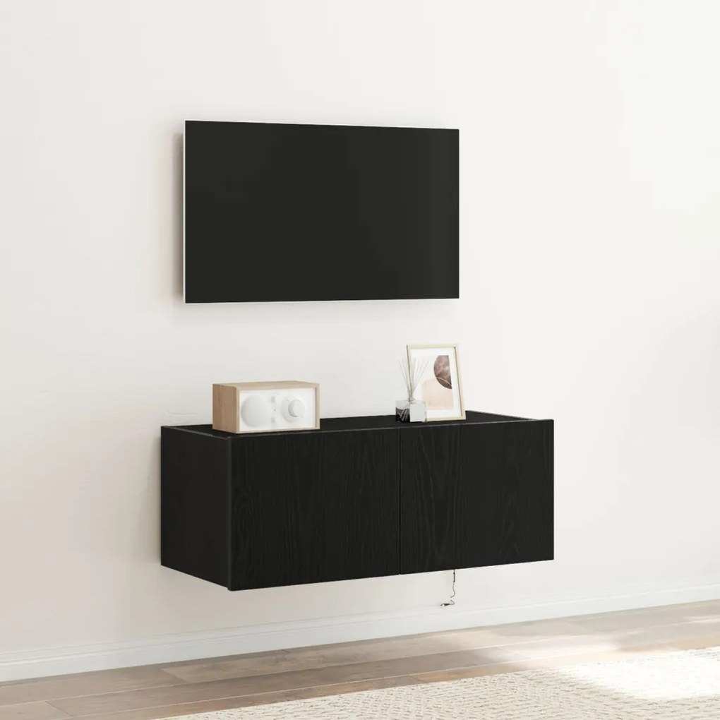 LED világítással ellátott TV faliszekrény Fekete tölgy 80x35x31 cm