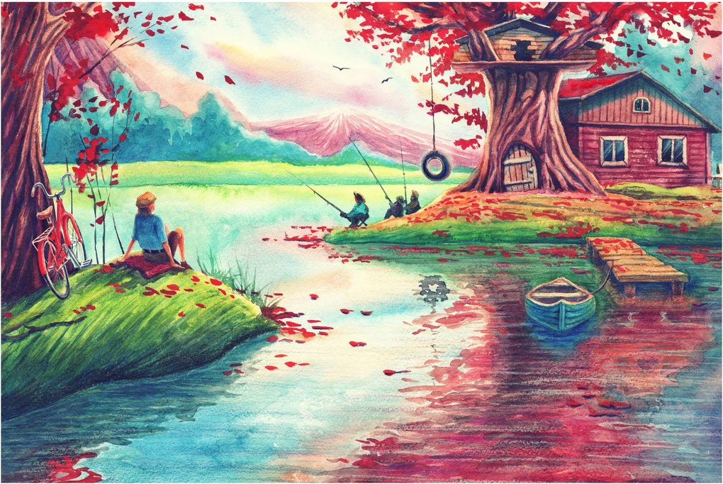 Kép - akvarell, Öböl egy hegyi faluban (90x60 cm)