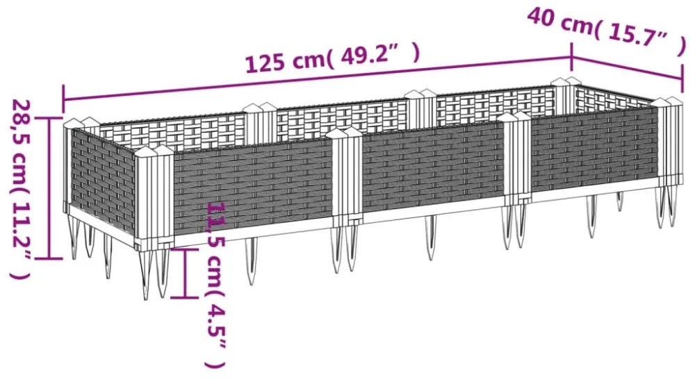 fehér polipropilén kerti virágláda cövekekkel 125x40x28,5 cm