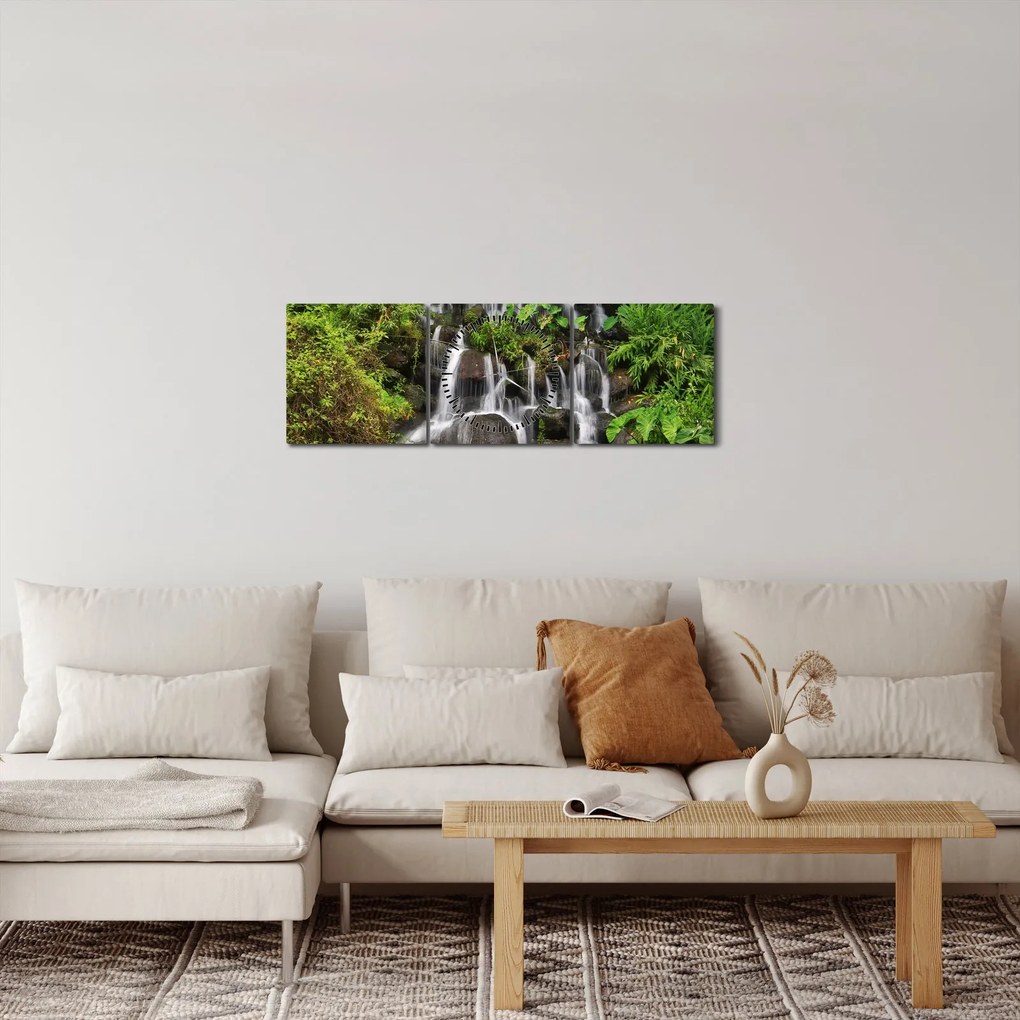 Egy kép a vízesésekről egy trópusi erdőben (órával) (90x30 cm)