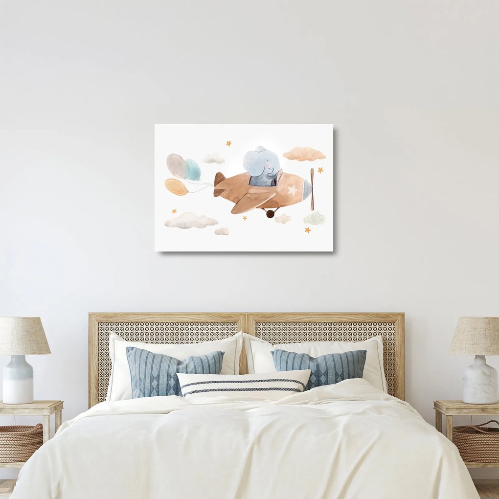 Üveg kép - Akvarell elefánt egy repülőgépen (70x50 cm)