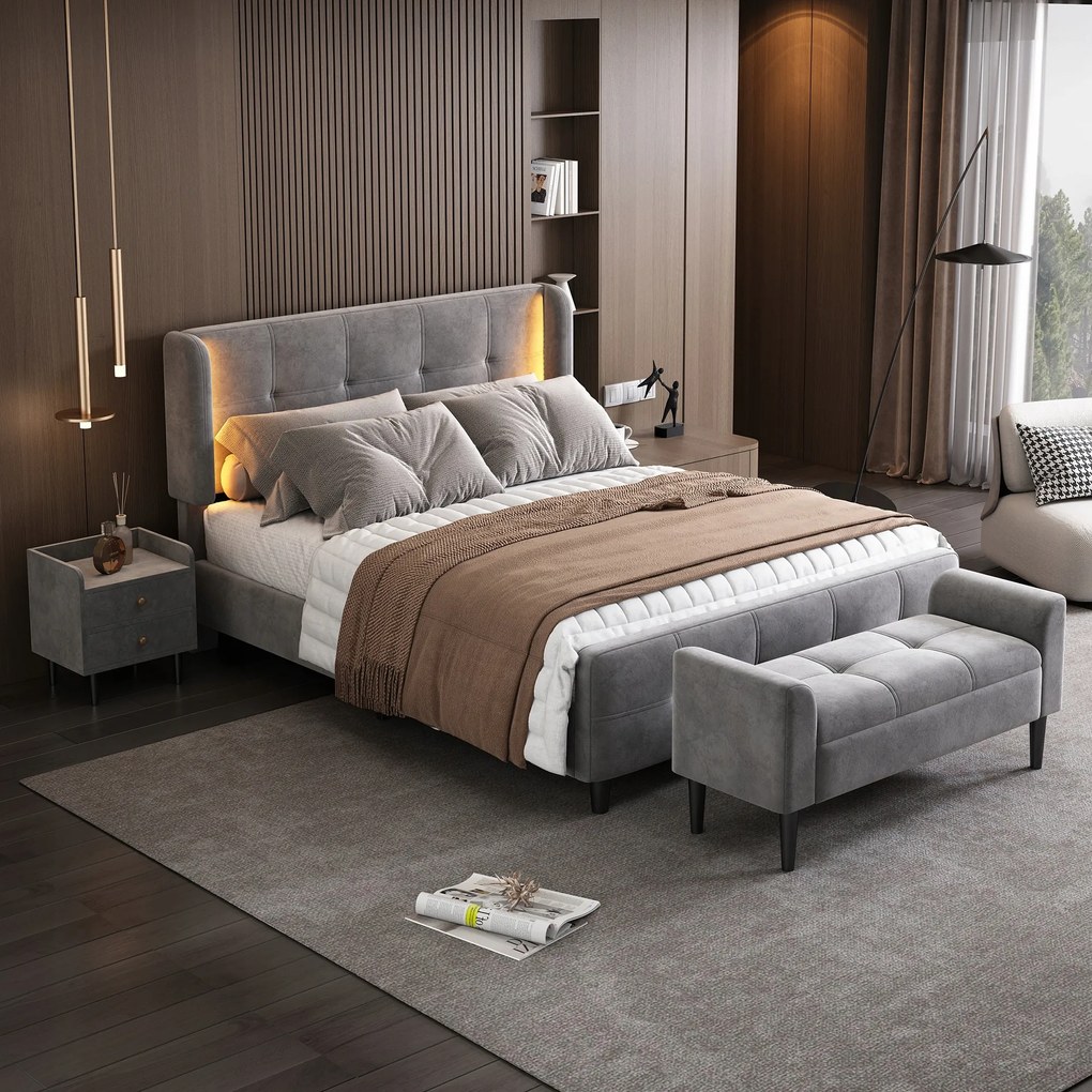 Led kárpitozott ágy 140X200CM+1xéjjeliszekrény zsámoly hálószoba szett