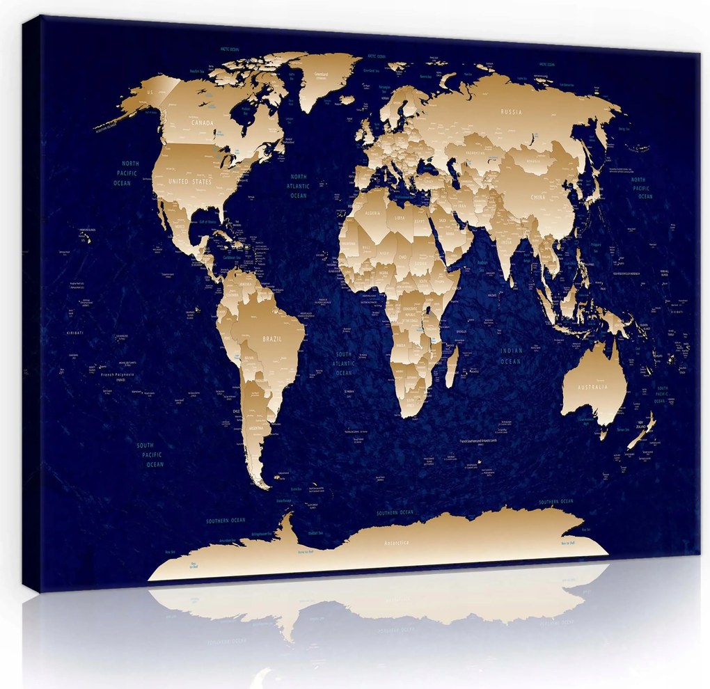 Vászonkép 60x40 Világtérkép arany kontinensek sötétkék óceán földrajz utazás