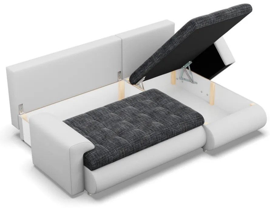 Tokio sarokkanapé, 2 ágyneműtartóval, fonott + műbőr, jobboldali, sötétszürke - fehér