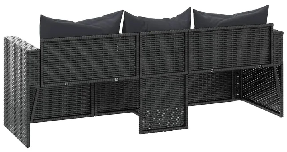 Fekete 3 személyes polyrattan kerti kanapé párnákkal