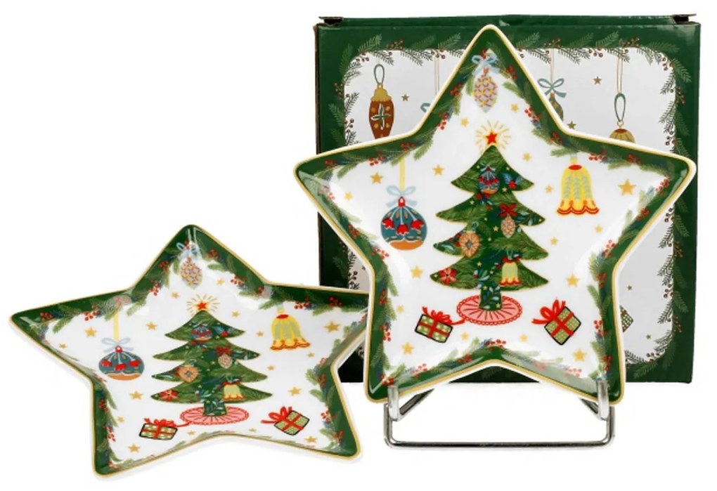 Karácsonyi fenyőfás porcelán csillag tányér szett 2 db-os dobozban Around Christmas Tree