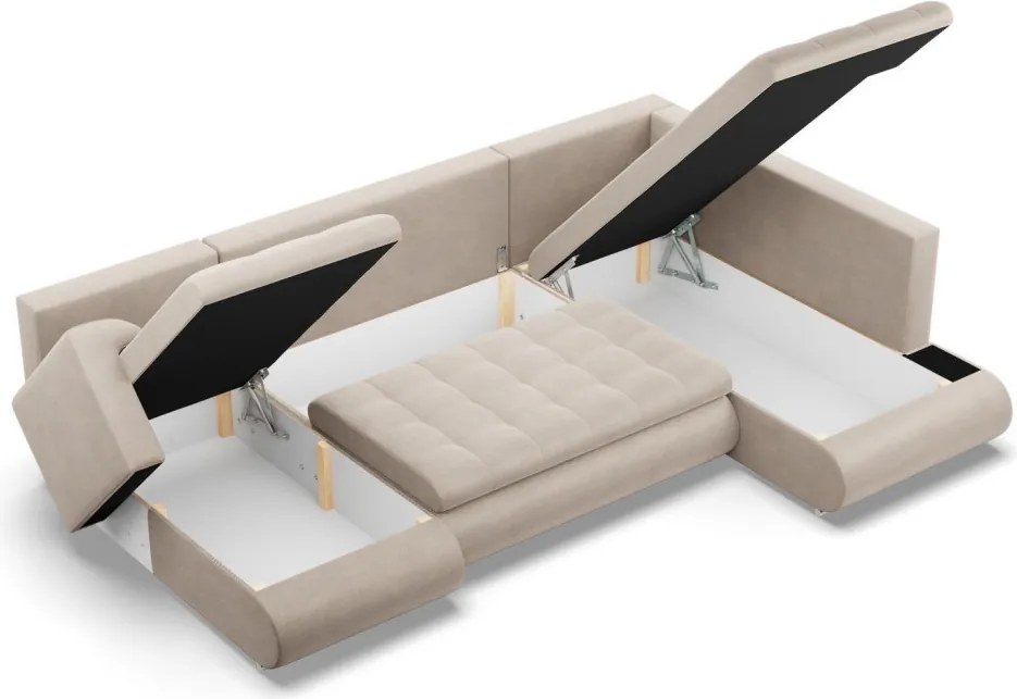 Tokio U sarokkanapé, 3 ágyneműtartóval, bársony, jobboldali, bézs