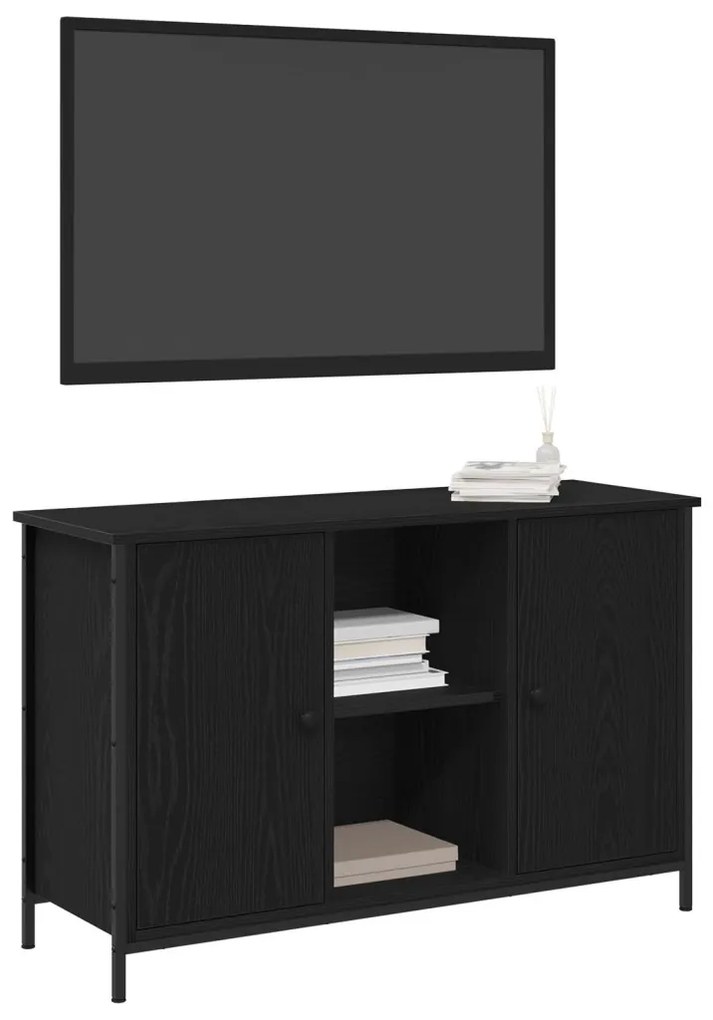 TV Szekrény Fekete Tölgy 101x35x65 cm Szerelt Fa és Acél