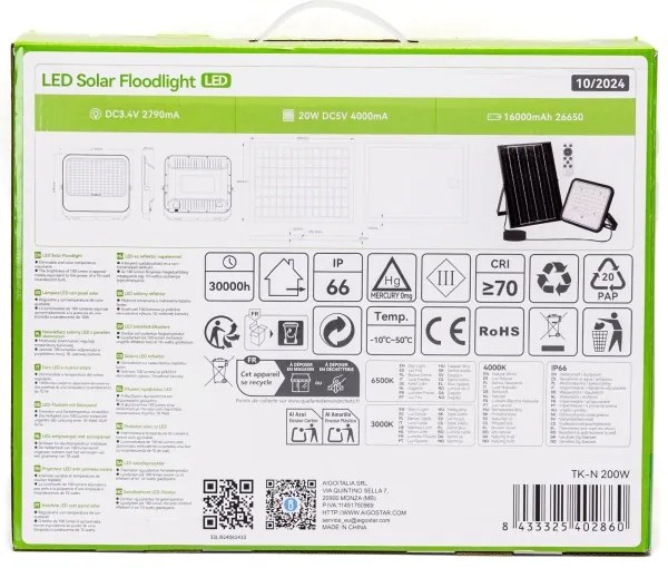 Aigostar - LED állítható fényerőjű napelemes reflektor 200W/3,4V IP66 + DO
