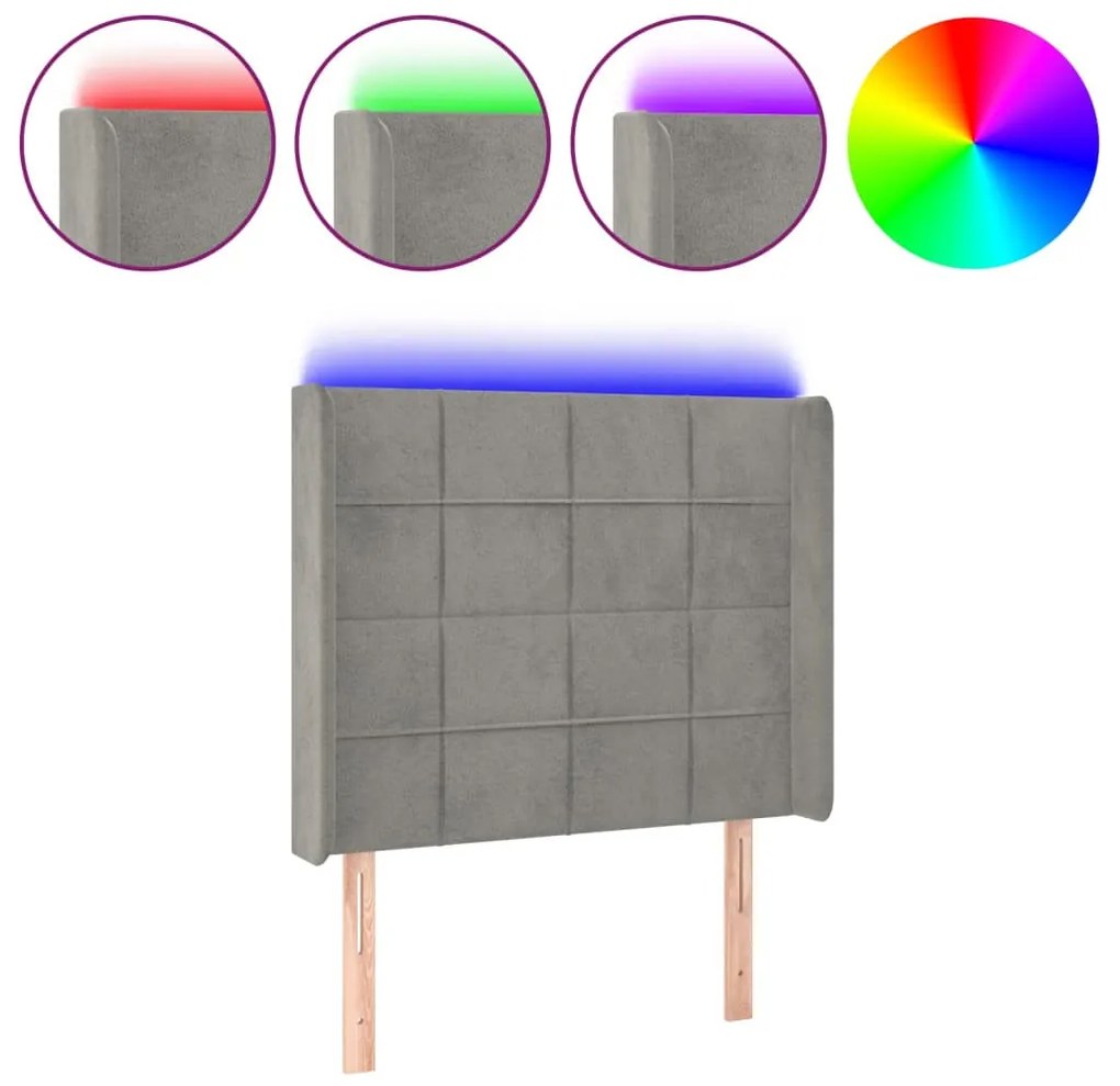 világosszürke bársony LED-es fejtámla 83x16x118/128 cm