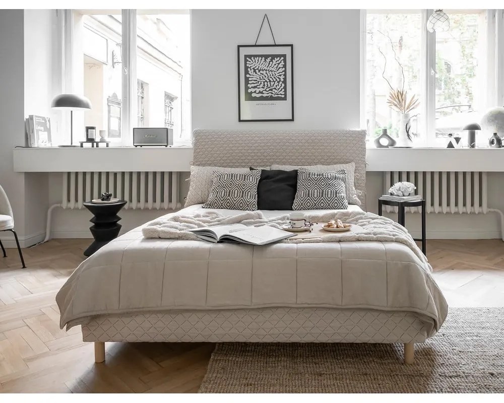 Bézs kárpitozott franciaágy ágyráccsal 160x200 cm Sleepy Luna – Miuform