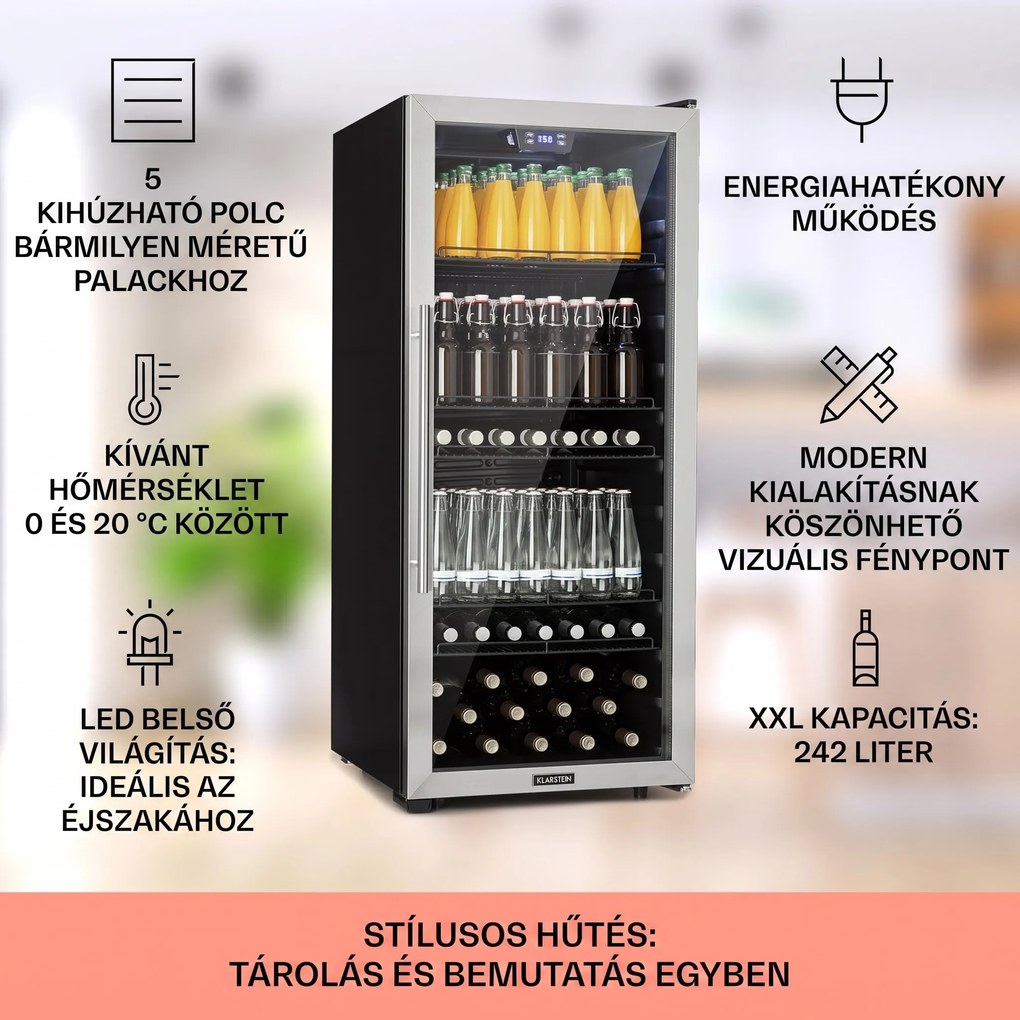 Klarstein Beersafe 7XL, hűtőszekrény, 242 liter, 5 polc, panoráma üvegajtó, rozsdamentes acél