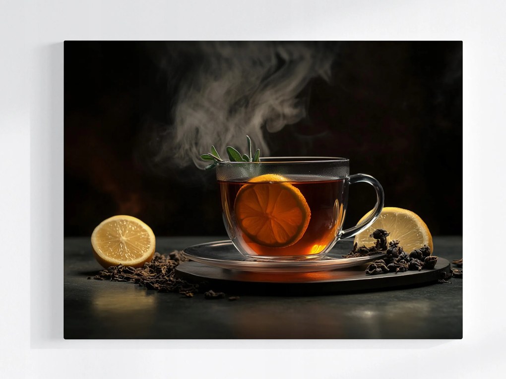 Canvas Vászonkép Fekete Tea Ital Főzet Levelek Citrom 80x60