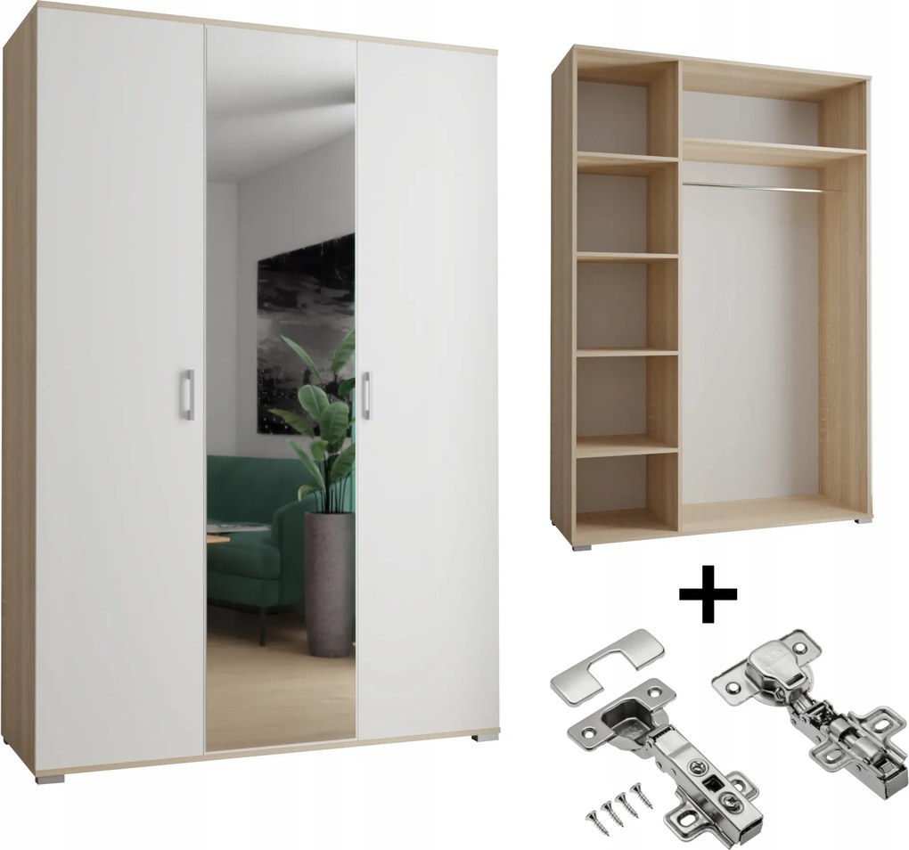 Gardróbszekrény Akció 3-D 120 x 192 x 52cm Sonoma Fehér Tükör Csendes Ház