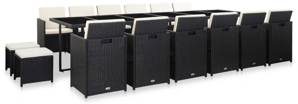 vidaXL 17 részes fekete polyrattan kültéri étkezőszett párnákkal