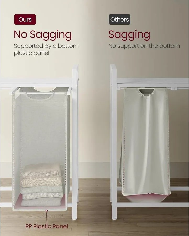 VASAGLE 4 rekeszes szennyeskosár 4 × 40 L, 116 × 33 × 72 cm, krémfehér és matt fehér