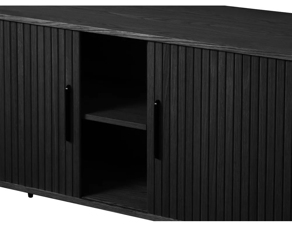 Fekete alacsony komód tolóajtóval, tölgyfa dekorral 76x180 cm Nola – Unique Furniture