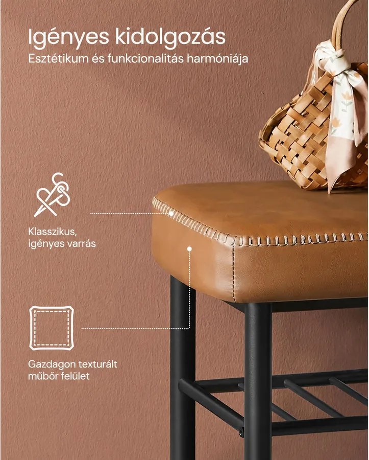 VASAGLE EKHO cipőtartó pad, 3 tárolószinttel és párnázott ülőfelülettel, 80 × 30 × 50 cm, karamellbarna