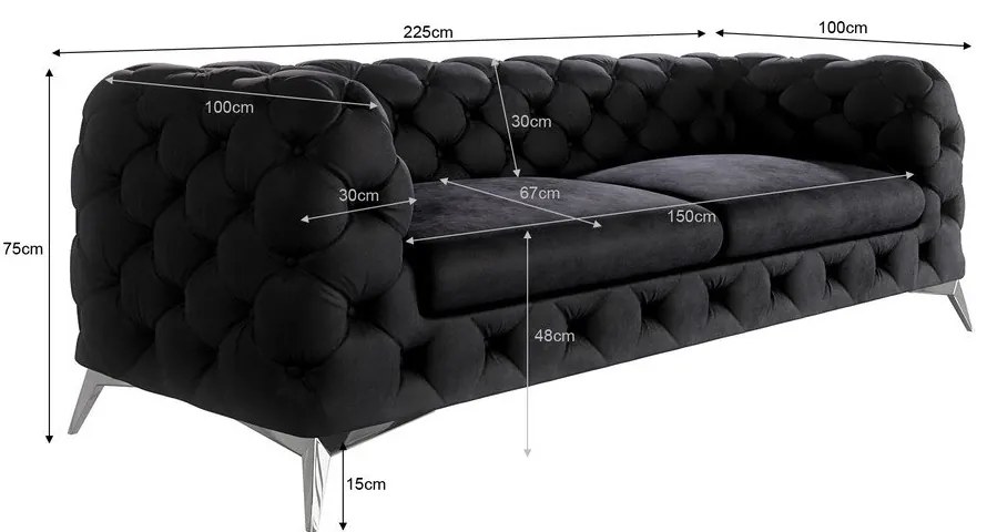Fekete bársony kanapé 225 cm Chelsea – Ropez