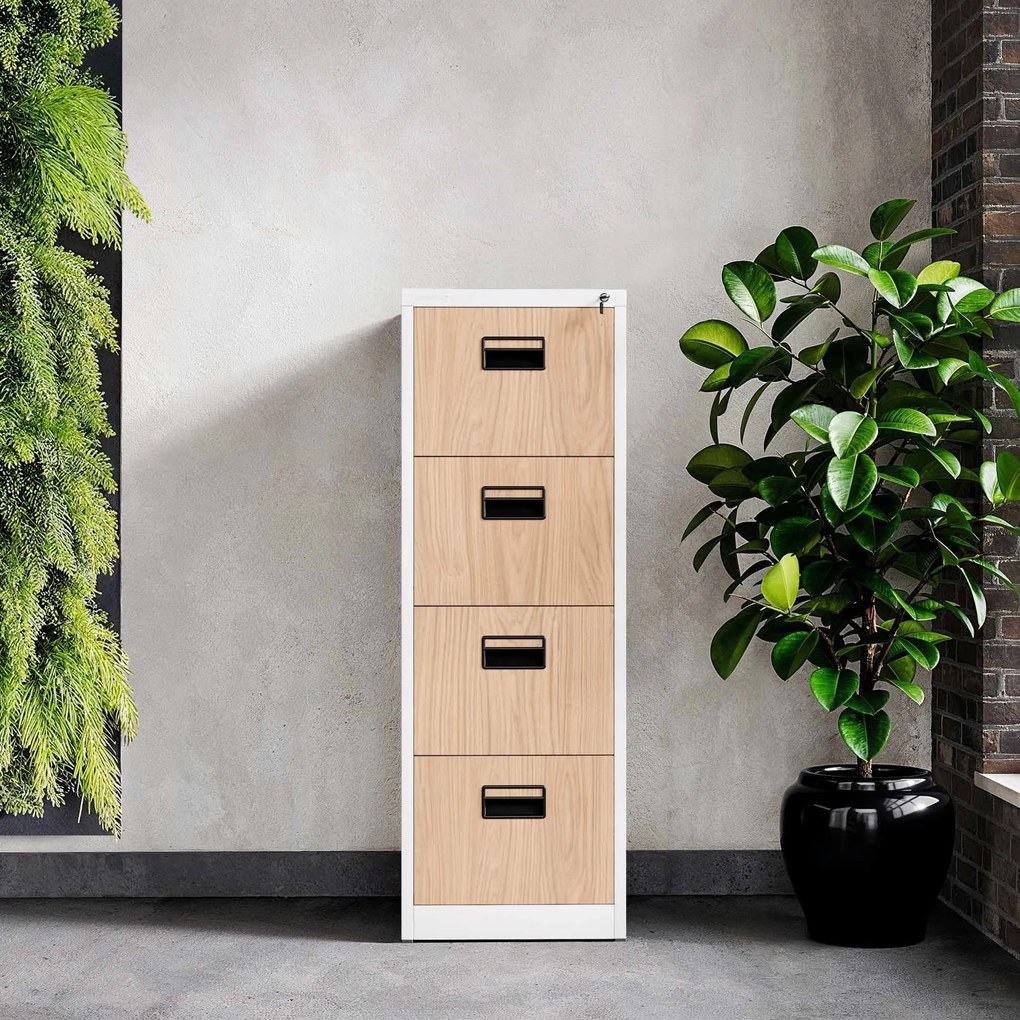 Fém irattartó szekrény, 4 fiókos SARA V4, 460 x 1320 x 620 mm, Eco Design: fehér/ sonoma tölgy