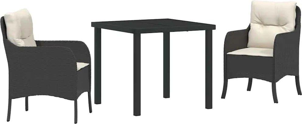 vidaXL Kert étkező szett párnával 3 pcs Fekete polirattan
