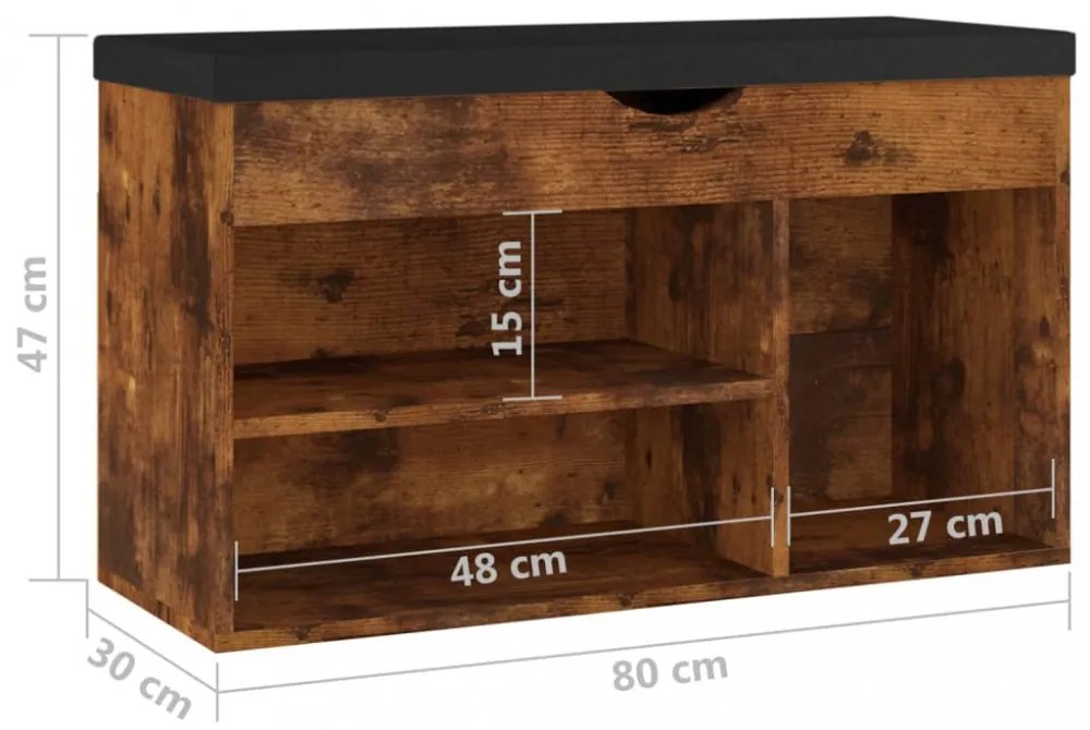 füstös tölgy szerelt fa cipőtároló pad párnával 80 x 30 x 47 cm