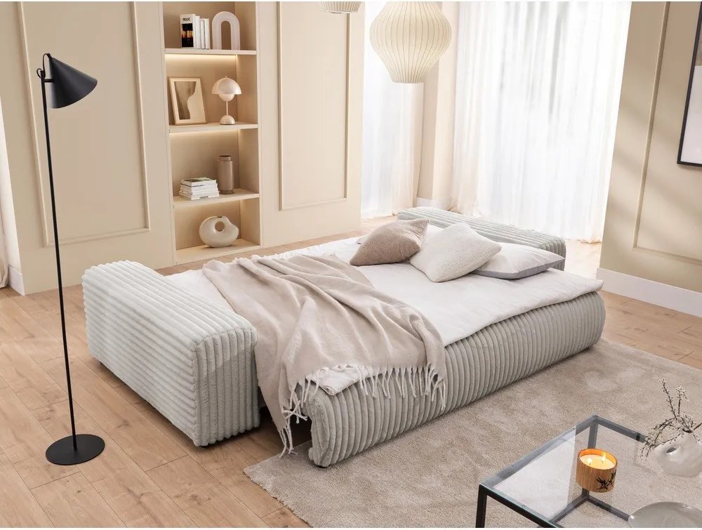 Világosszürke kordbársony kinyitható-tárolóhelyes kanapé 260 cm Justin – Ropez