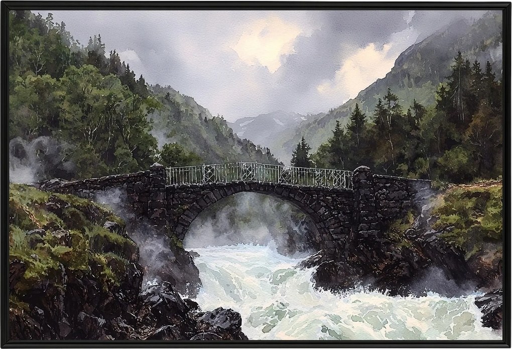 Poszter Keret Alumínium Tájkép Szabadtéri Hegyek Folyó Vízesés Híd Kilátás 60x40