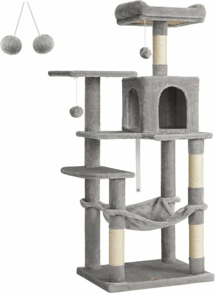 Macska kaparófa, többszintes macskatorony, világosszürke 55x45x143cm