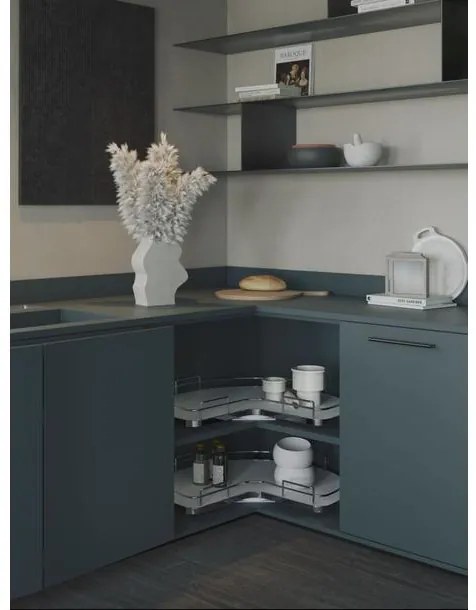 Konyhai fémrács, sarokszekrénybe, 3/4 kör kosár, 800mm átmérő, oszloppal, 400mm ajtókhoz, Sige Infinity Line 363