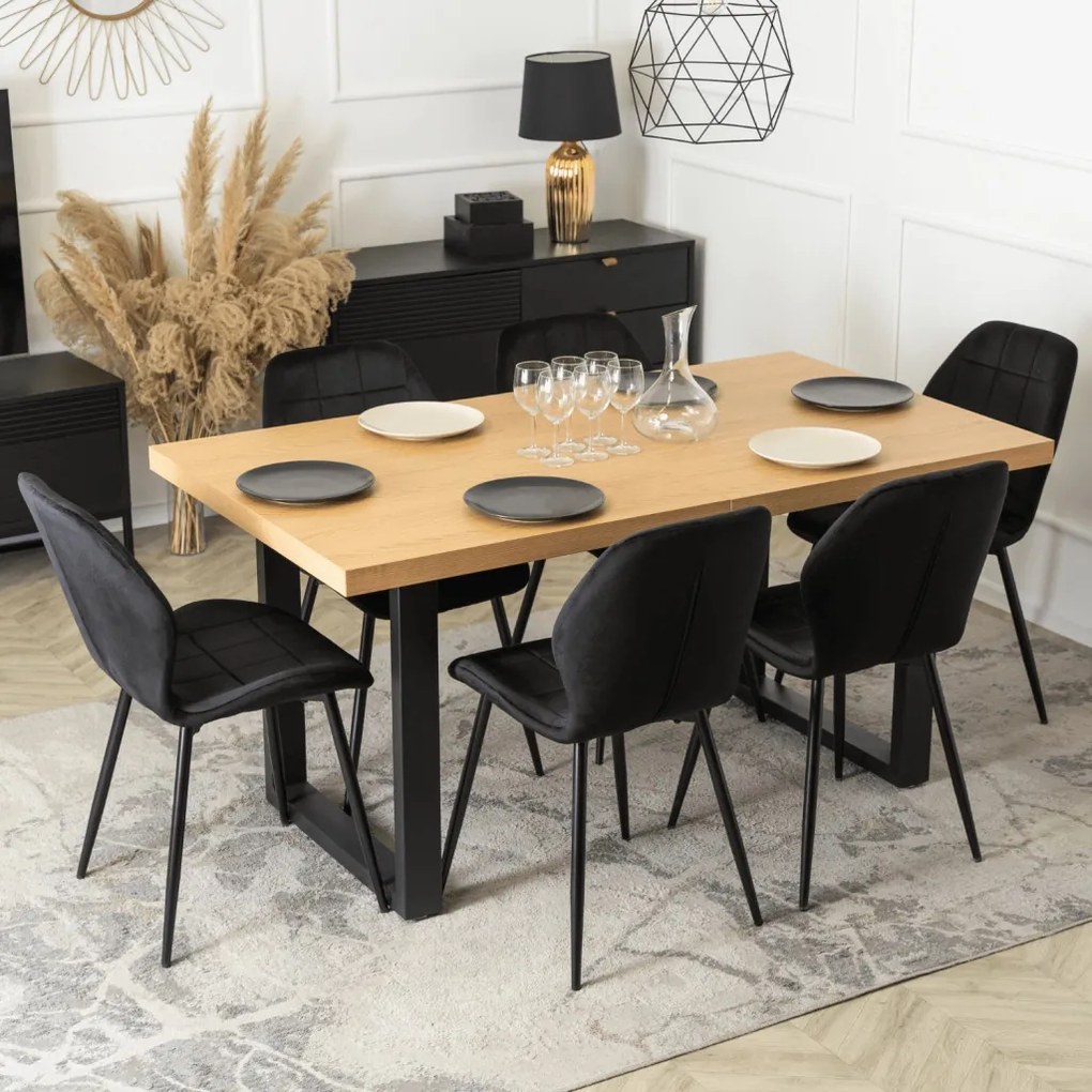 Étkezőgarnitúra 6 db. Fekete Bársony Irys székkel. Bővíthető asztal EDWIN 160-260 cm