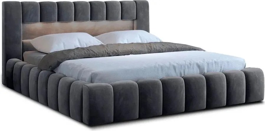 Szürke kárpitozott ágyneműtartós franciaágy ágyráccsal 160x200 cm Lamica – ELTAP