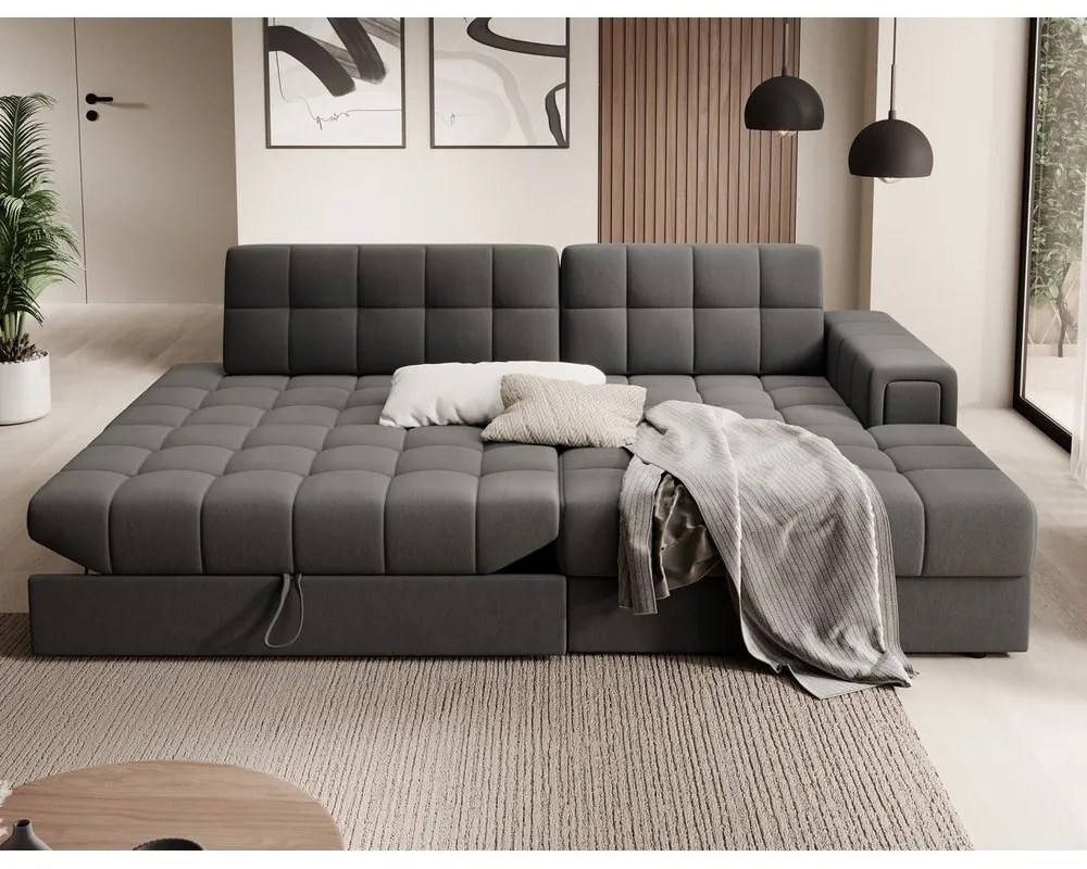 Szürkésbarna bársony kinyitható sarokkanapé (jobb oldali-heverő résszel) Blezalt – ELTAP