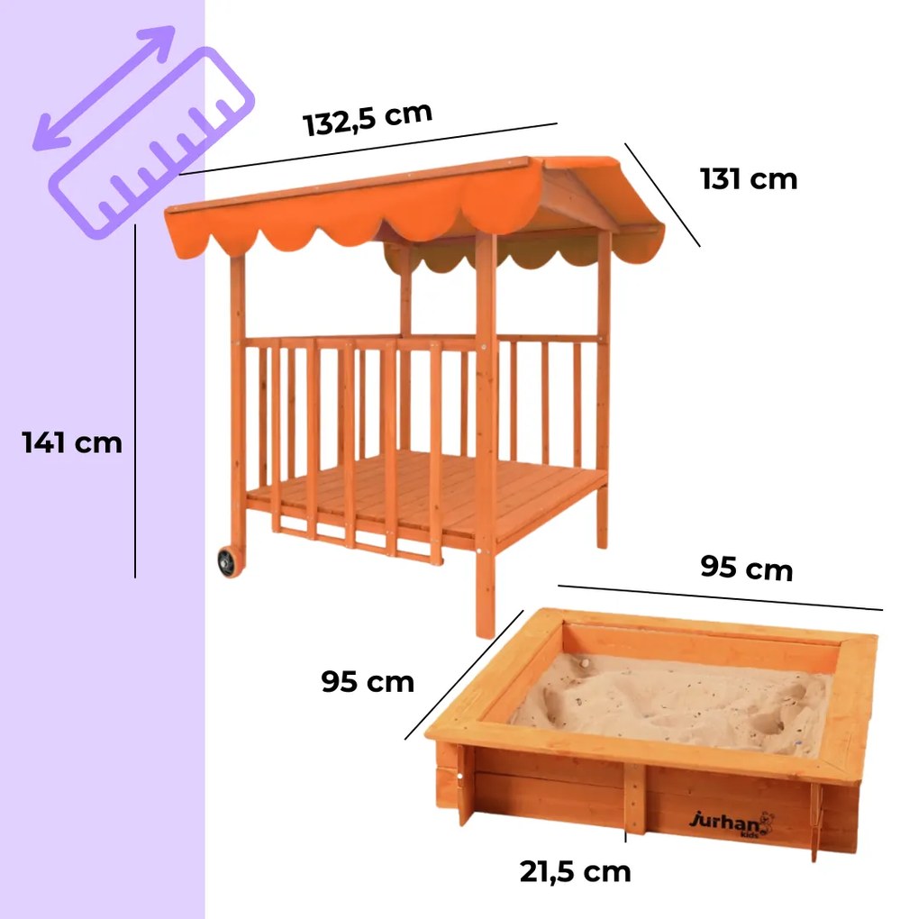 HAPPY verandás homokozó, 130x130x143cm, barna/narancs Jurhan