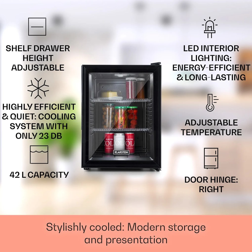 Klarstein Brooklyn 42, mini hűtőszekrény, üvegajtó, LED világítás, polcok