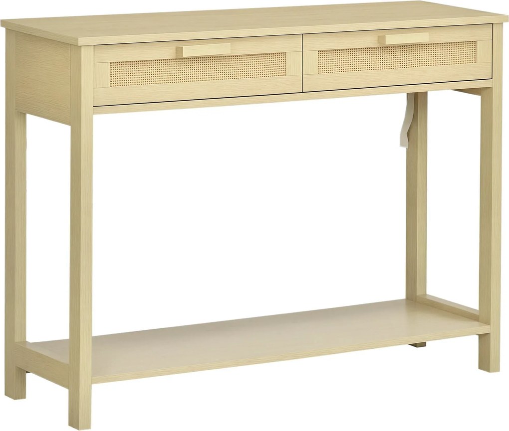 HOMCOM Konzol Asztal Előszoba Asztal 2 Fiókkal Rattan Felülettel és Alsó Polccal Előszobába, Nappaliba vagy Hálószobába Rusztikus Stílusban 100x30x76